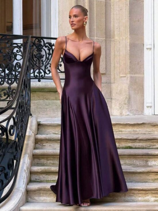 Dresses & Skirts - Women's Bold Plum Satin Maxi Dress Spaghetti Strap Wedding Guest Formal Gown
